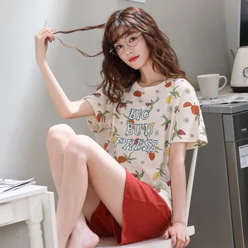 

Pajamas Set Summer Women's Beige Fruit Print Short-Sleeve+ Red Shorts Cotton Two-Piece set lounge wear Girl Pajamas