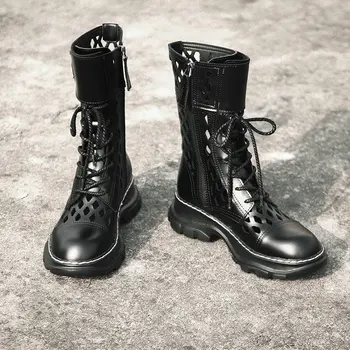 

Genuine Leather Summer ankle boots Women Shoes Thick Heels lace up Round Toe New 2020 Retro Party Shoes Woman