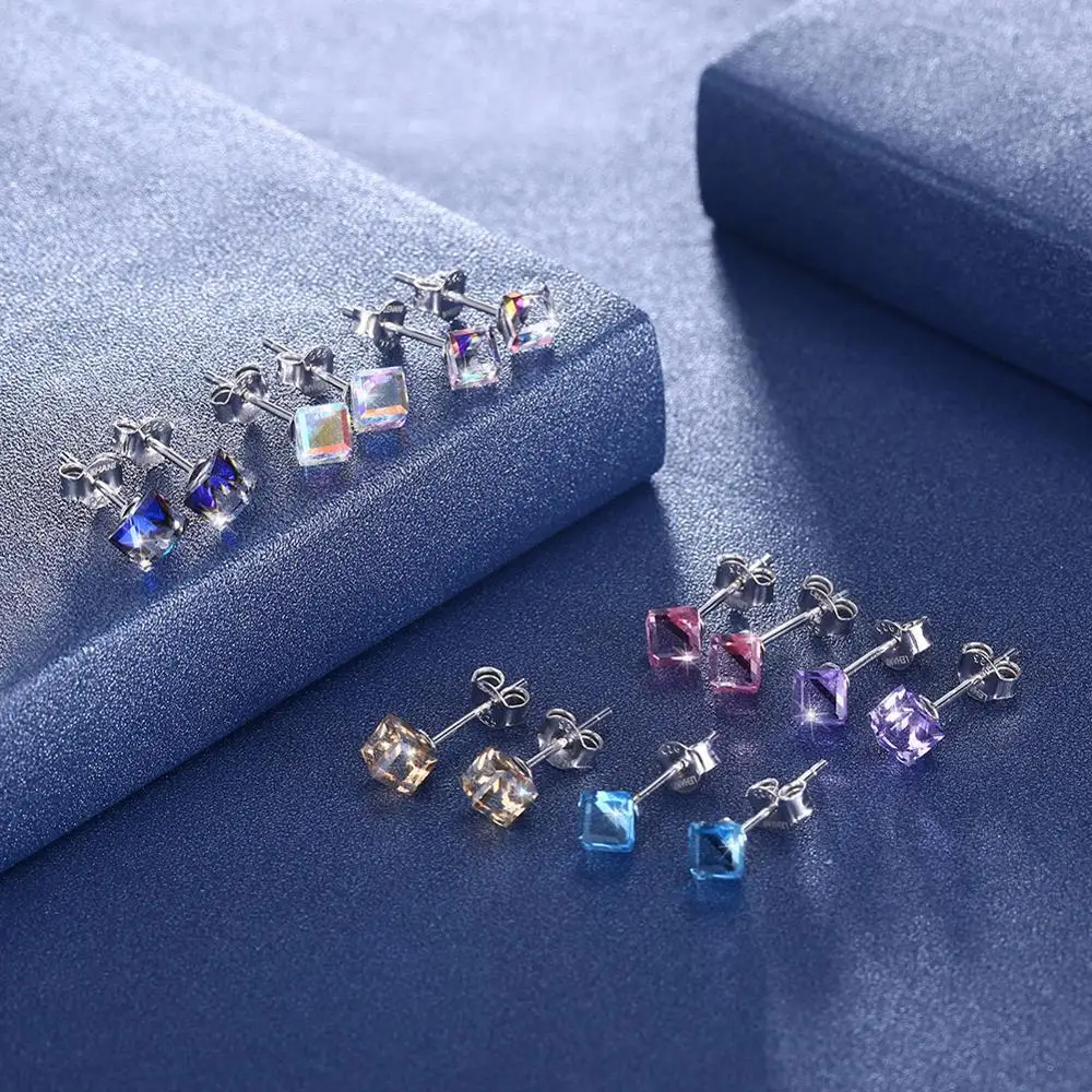 

LEKANI 2020 New Earrings Crystals From Swarovski 925 Sterling Silver Studs 7 Colors Square Shape for Women Girls Fine Jewelry