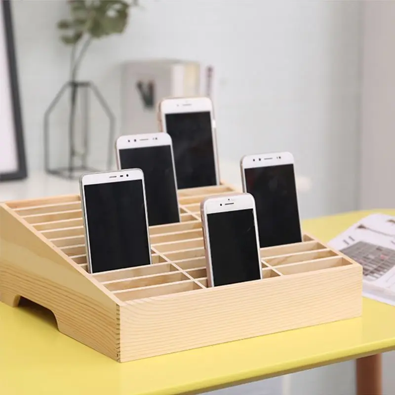24 Grid Wooden Storage Box Organizer Mobile Phone Holder Stand Storage