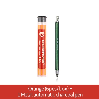 Orange-6pcs-1pen ROMA/DEDEDEPRAISE металлическая Автоматическая/Механическая угольная ручка толщиной 4,0 ММ, сменный цвет/свинец/ядро, неоновый свинец, 6 цветов, стираемый рисунок - Цвет: Orange-6pcs-1pen