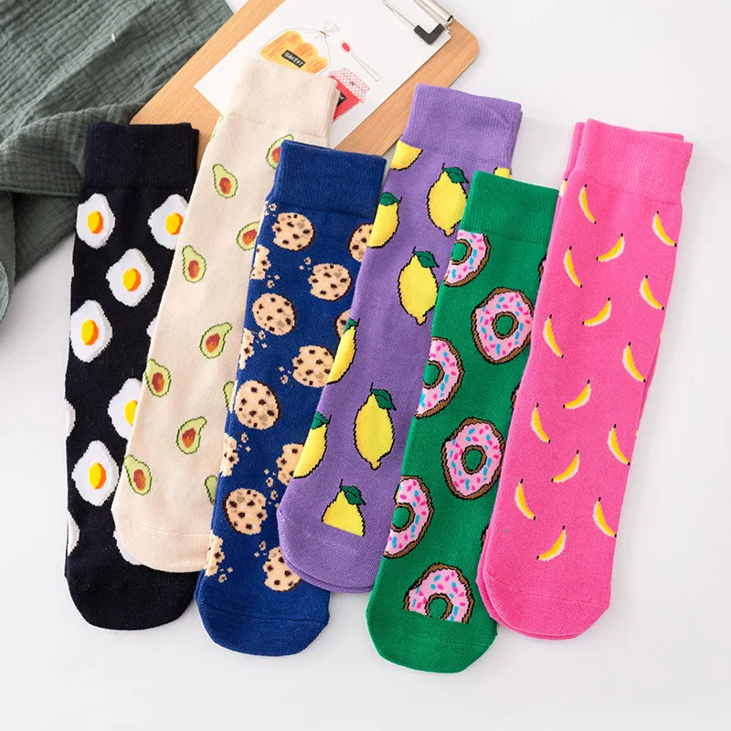 

Women Socks Funny Cute Cartoon Fruits Banana Avocado Lemon Egg Cookie Donuts Food Happy Japanese Harajuku skateboard Socks