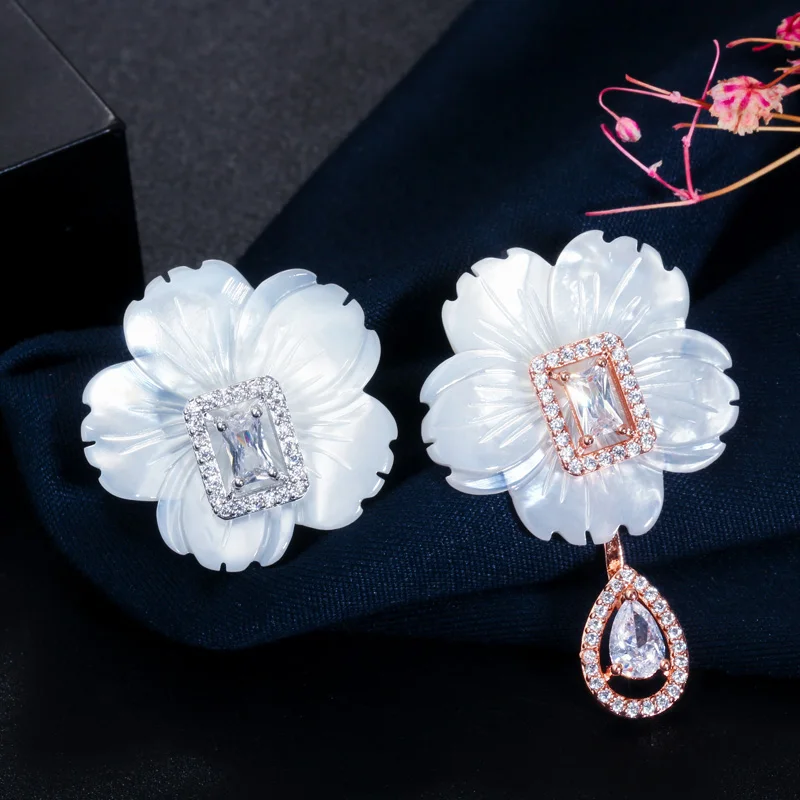 CWWZircons Natural Designer Shell Flower Cubic Zirconia Stone Big Long 585 Rose Gold Drop Earring for Women Trendy Jewelry CZ624