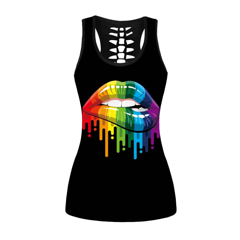 Summer Women Tanks Tops Black Rainbow Lips Print Back Hollow-out Vests Beauty Paint Lip Sexy 3D Galaxy Sleeveless Beach | Женская одежда