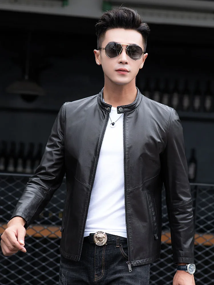 

Первый слой из овечьей кожи, мужская Тонкая куртка из натуральной кожи с воротником-стойкой, осенняя одежда, красивая модная куртка