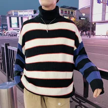 2019 Autumn And Winter Men's New Youth Korean Version Of Casual Stitching Stripes Trend Hit Color Loose Turtleneck Sweater 2019 Autumn And Winter Men's New Youth Korean Version Of Casual Stitching Stripes Trend Hit Color Loose Turtleneck Sweater