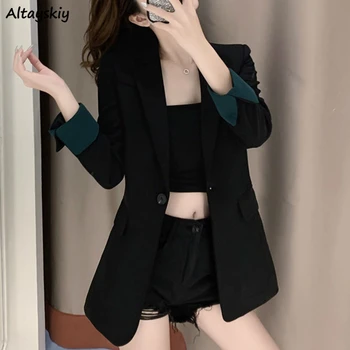 

Blazers Women Korean Style Patchwork Black Fashion Slim Elegant Vintage Office Lady Outwear Soft Chic Spring New Tops Oversize