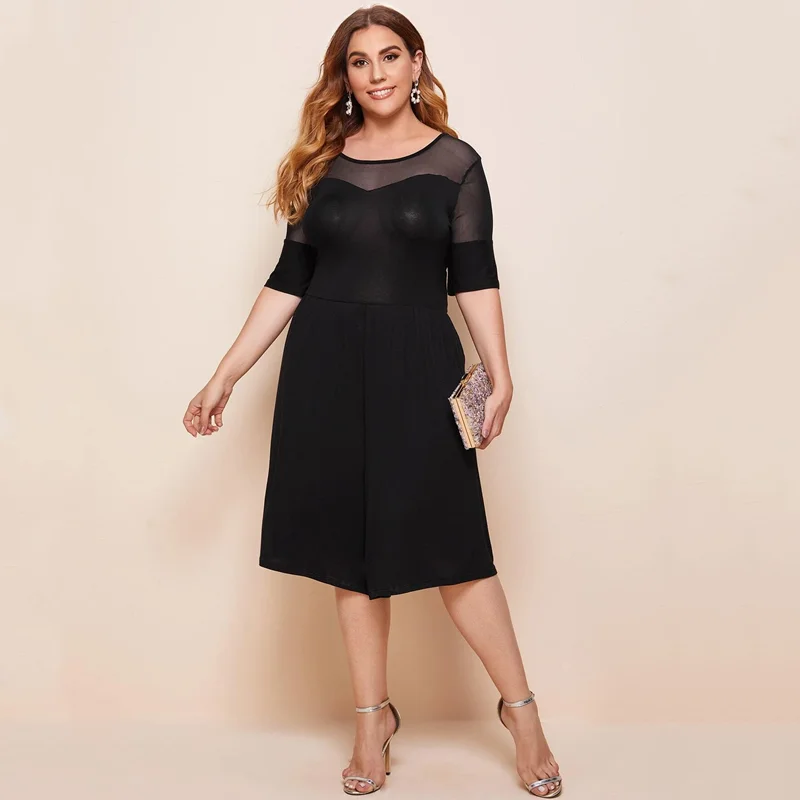 

2XL To 7XL Oversized Summer Rompers Mesh Stitching Loose Mesh Patchwork High Waist Sexy Wide Leg Jumpsuits Pants T1227N
