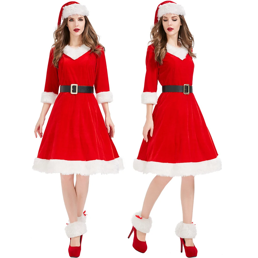 

Sexy Christmas Santa Claus Cosplay Costumes Women Stage Performance Fancy Dress Red Velvet Warm Xmas Santa Midi Dresses with Hat