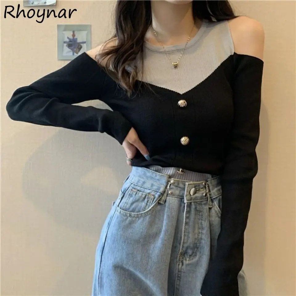 

Пуловер женский Универсальный с открытыми плечами, дизайнерская одежда в стиле пэчворк, облегающий Повседневный базовый свитер в стиле Харадзюку