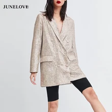 JuneLove женский весенний блейзер с длинным рукавом, расшитый блестками, винтажный женский двубортный Блейзер, повседневный блейзер с карманами, женская верхняя одежда