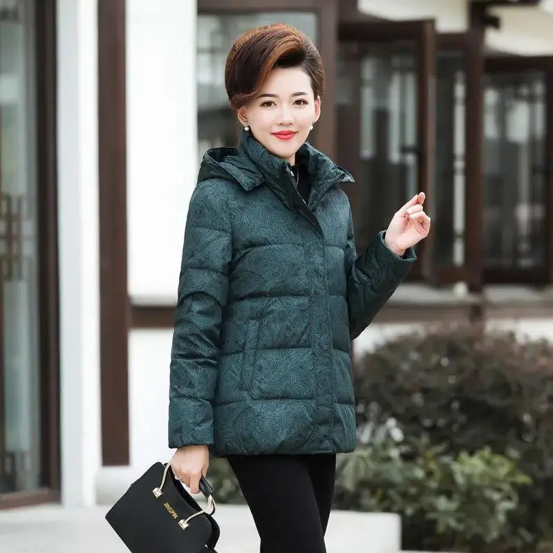 2022 Down Cotton Jacket Women New Winter Mothers Wear Coat Thickened Printing Hooded Overcoat