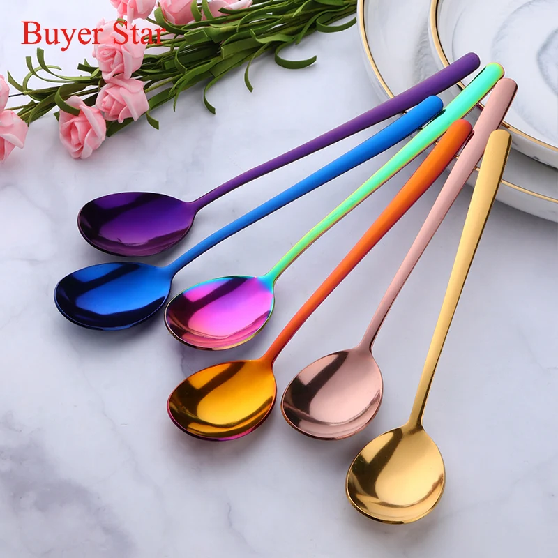 

2PCS Korea Spoon Silver Stainless Steel Soup Spoon Long Handle Gold Ladle Spoon Set for Ice Cream/Salad Metal Kitchen Tableware