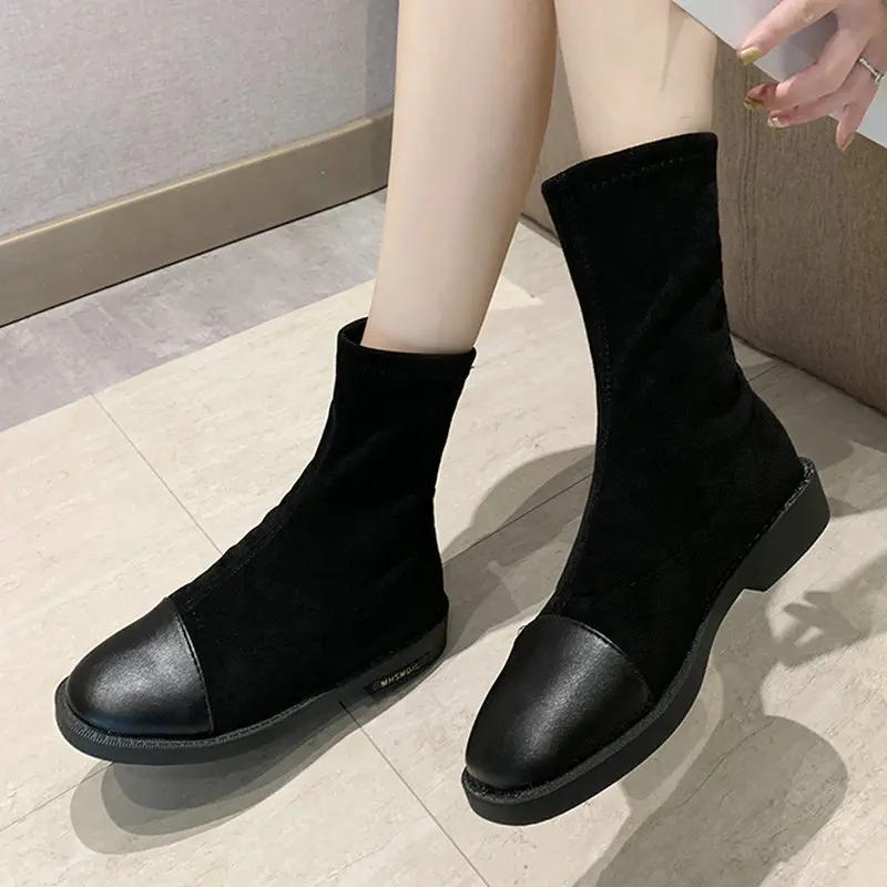 Nice Pop Soft Women Knee High Boots Autumn Round Toes Classic Black Shoes Woman Flat Heels Sexy Ladies Pretty Dress Boot