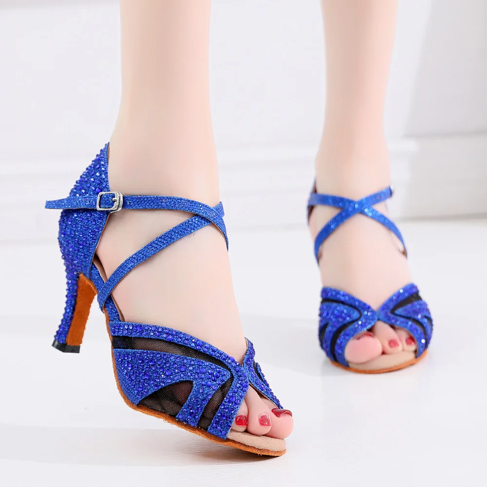 

Discounts Jazz Salsa Outdoor Indoor Professional Latin Dance Shoes for Women Dancing Girl Stylish High Heel Satin Sandals Blue