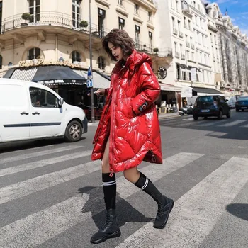 

Fashion down jacket red shiny hooded down jacket female 2019winter jacket women winter loose women coat coat tide
