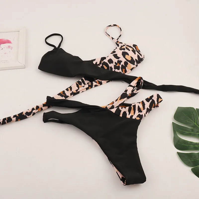 Leopard Stitching Bikinis Retro Thong Swimsuit Women Sexy Cross Strap Swimwear Beachwear Female Bathing Suit Tankinis 2020 Mujer