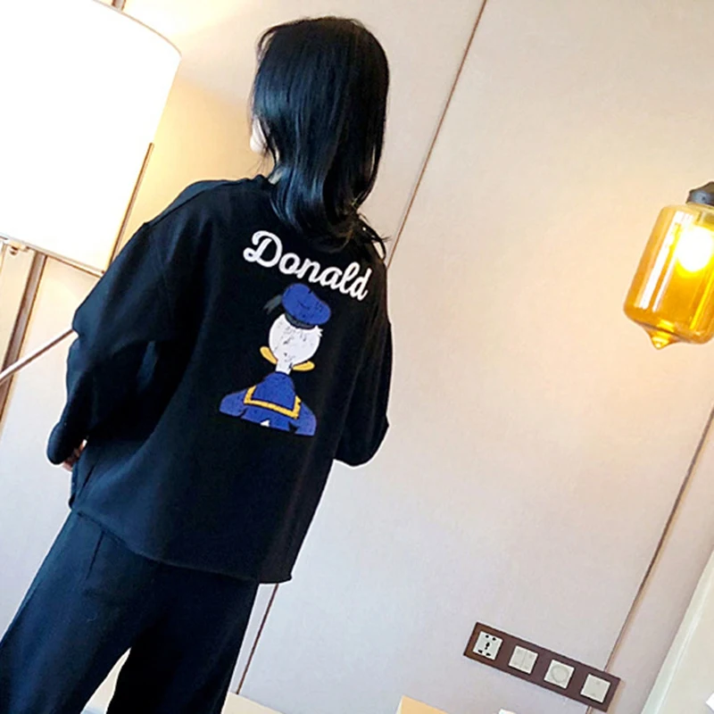 Ladies Autumn Winter Comfy Pajamas Loose Two Pajamas Suit Home Service Letter Printing Simple Long-sleeved T-shirt+ Trousers