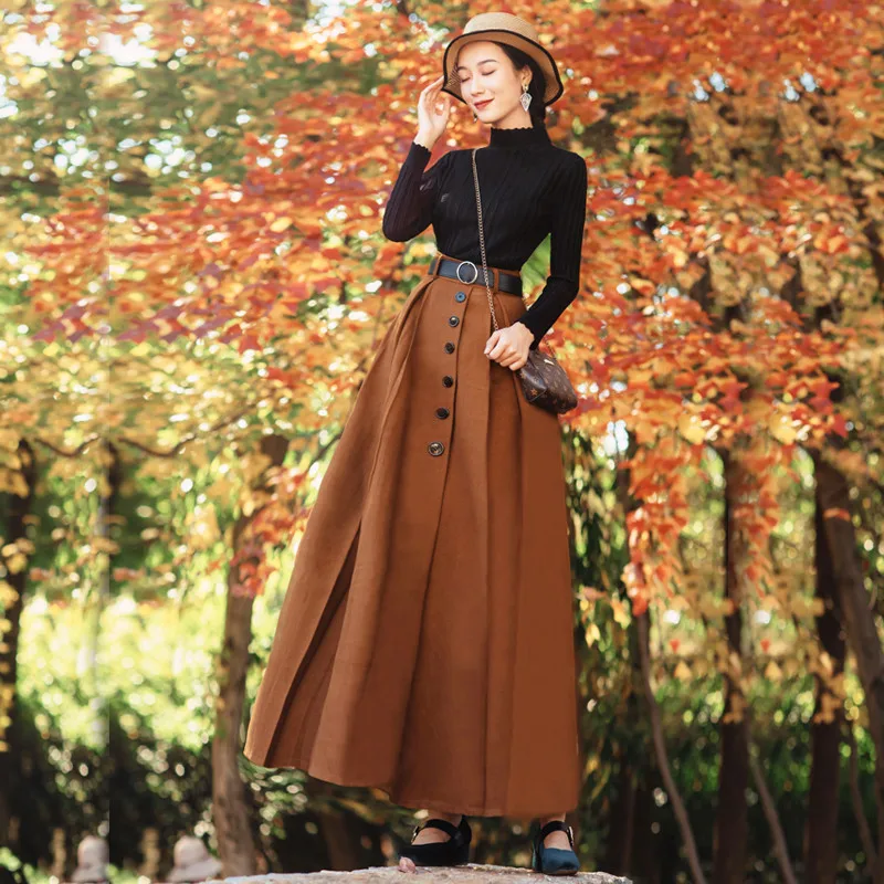 

2019 Autumn And Winter New Style Fashion Western Style Black And White with Pattern Sweater with Vintage Woolen Skirt Dress Outf