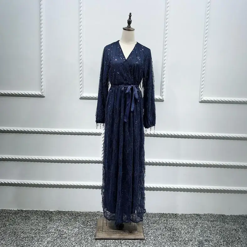 Sequin abaya Дубайский хиджаб мусульманское платье Абая для женщин Кафтан Marocain кафтан Tesettur Elbise турецкие платья Исламская одежда - Цвет: Dark blue dress