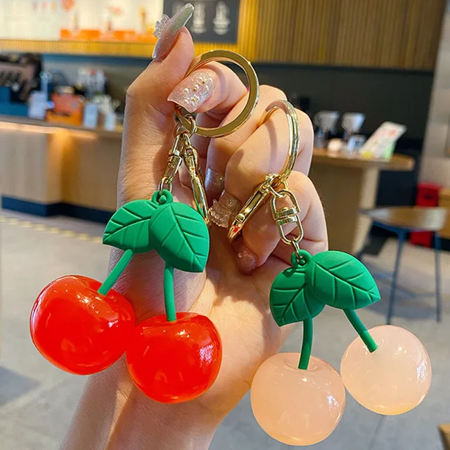 Cherry keychain for women Fruit Pink Bag Charm Handbag charm Handmade  keychain designer charm Beads keychain for gift