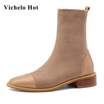 

Vichelo Hot new big size cow leather round toe med heel comfortable breathable young lady high street fashion ankle boots L3f7