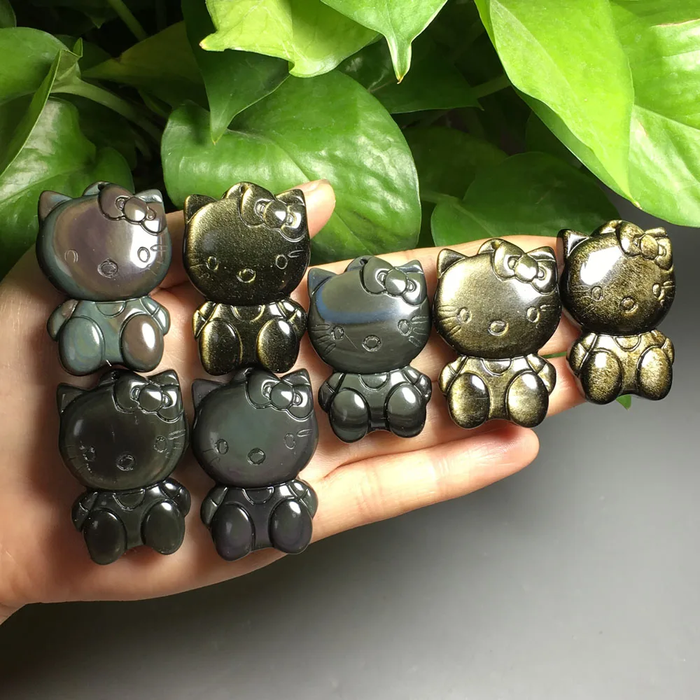 

1pcs Good quality natural obsidian crystal Carved polishing hello kitty cat crystal pendant