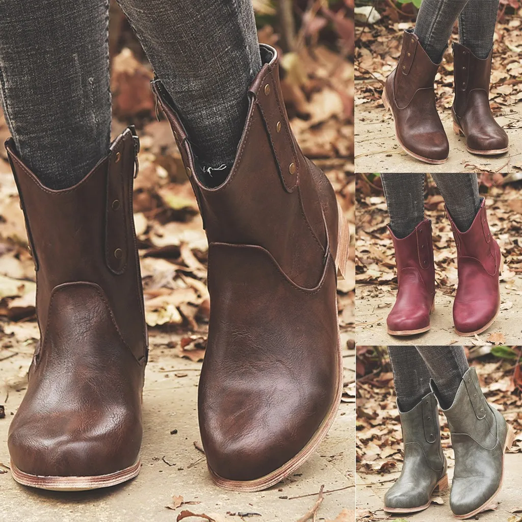 

Winter Boots Women Zipper Keep Warm Mid Boots Short Plush Fashion Winter Women Square Heels Round Toe Leisure Shoes