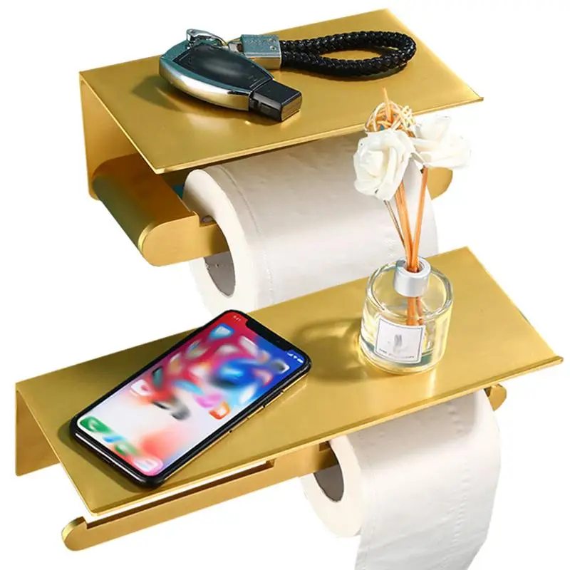 Aluminum Alloy Paper Storage Rack Towel Holder Texture Wall Mount Tissue Roll Organizer Shelf Mobile Phone Bathroom(Golden
