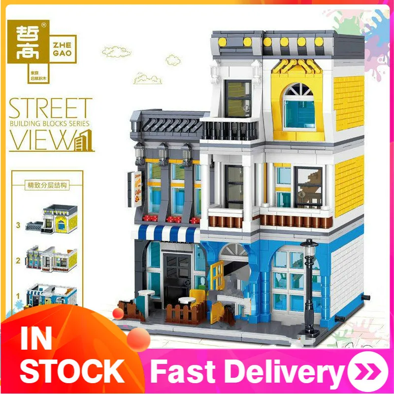 ZHEGAO в наличии QL0934 Creator Street MOC View Series летний конструктор виде кофейни 1278 блоков