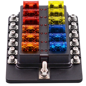 

12V 24V Blade Fuse Box Holder 12/6 Ways Modified Fuse Box Terminal Block with LED Warning Light for Car Boat Marine Trike