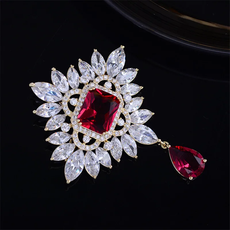 Exquisite Vintage Baroque Court Badge Zircon Brooch Pins for Women Red Crystal Coat Sweater Jewelry Accessories | Украшения и