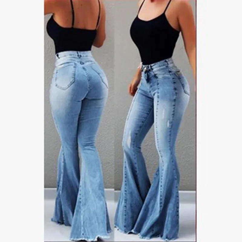 

2019 New Women's Juniors Retro Bell Bottom Wide High Waisted Slim Fit Stretch Flared Denim Jeans Pants Casual Solid Trouser