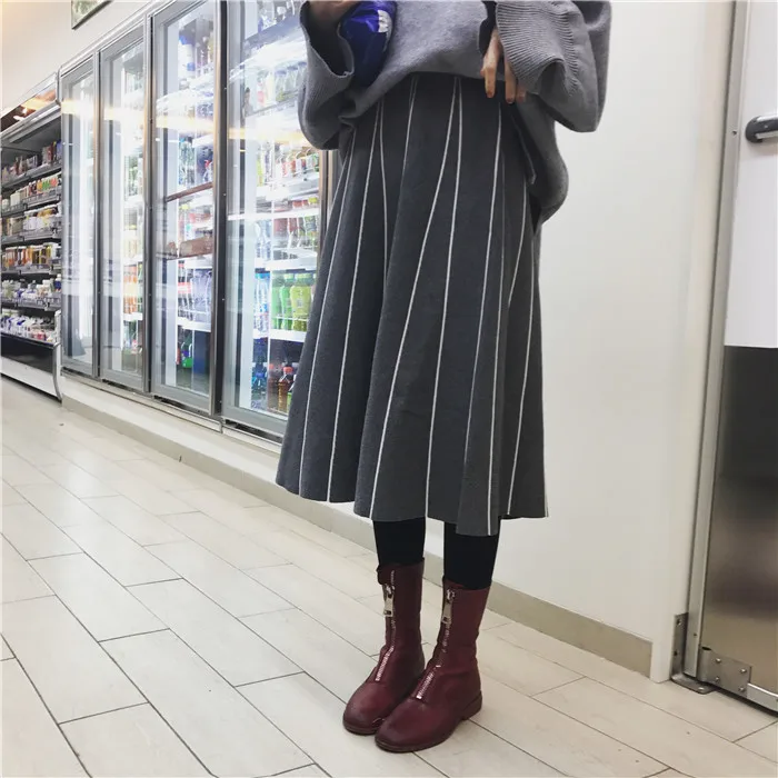 Skirts Womens Winter Vintage Striped Slim A Line High Waist Knitted Long Skirt Black Gray Fringe Skirt DF998