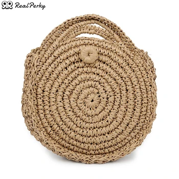 

Round Bohemian Women Shoulder Messenger Bags Female Casual Zipper Rattan Beach Bags Ladies Fashion Solid Color Straw Bag Handbag