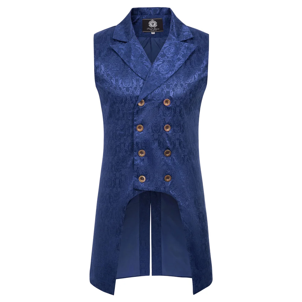Navy Blue B Пол Джонс Для мужчин средневековый Готический стимпанк жилет Винтаж нагрудные двубортный Формальные вечерние жаккардовая ткань парча жилет PJ0081 - Цвет: Navy Blue B