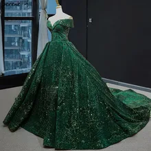 Новейший дизайн зеленое свадебное платье с открытыми плечами без рукавов роскошное кружевное свадебное с блестками BHM66742 на заказ