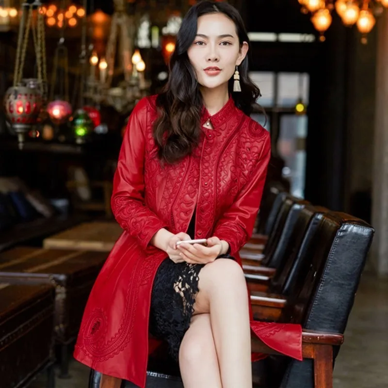 2020 Fashion Slim Fit Womens Real Sheepskin Coat Female Red Jackets Embroidery Genuine Leather Jacket Hollow Out Jaqueta Couro | Женская