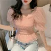 Summer Mesh Blouses Women Sweet Puff Sleeve Gauze Blouses Ladies Elegant Shirt Tops Square Neck Ruffle Ruched Chiffon Pink Top 1
