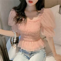 Summer Mesh Blouses Women Sweet Puff Sleeve Gauze Blouses Ladies Elegant Shirt Tops Square Neck Ruffle Ruched Chiffon Pink Top 1