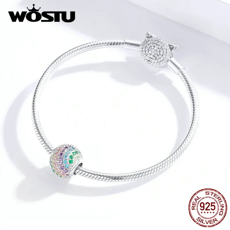 WOSTU, 925 пробы, серебряные, радужные круглые бусины, красочные, циркон, шарм, подходит для оригинального браслета, подвеска, серебро 925, ювелирные изделия CQC1355