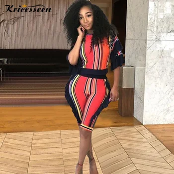 

Kricesseen Casual Print Striped Two Pieces Shorts Set Women Ruffles Short Sleeve Top And Shorts Suits Bodycon Lady Matching Set