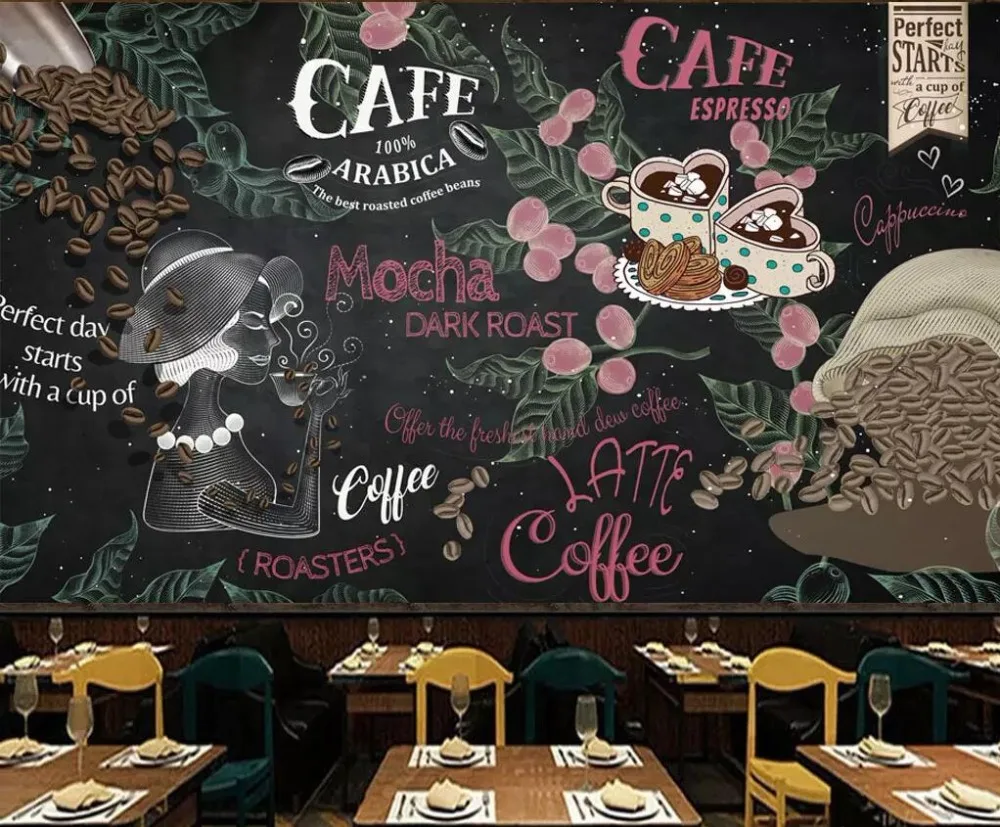 Custom wallpaper European and American hand-painted blackboard cafe western restaurant background mural 3d wallpaper