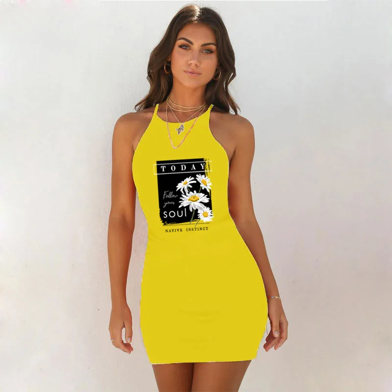 

Fashion Daisy Print Women Sexy Dress Plus Size Sleeveless Bodycon Package Hip Sling Party Club Mini Vestidos Summer Streetwear