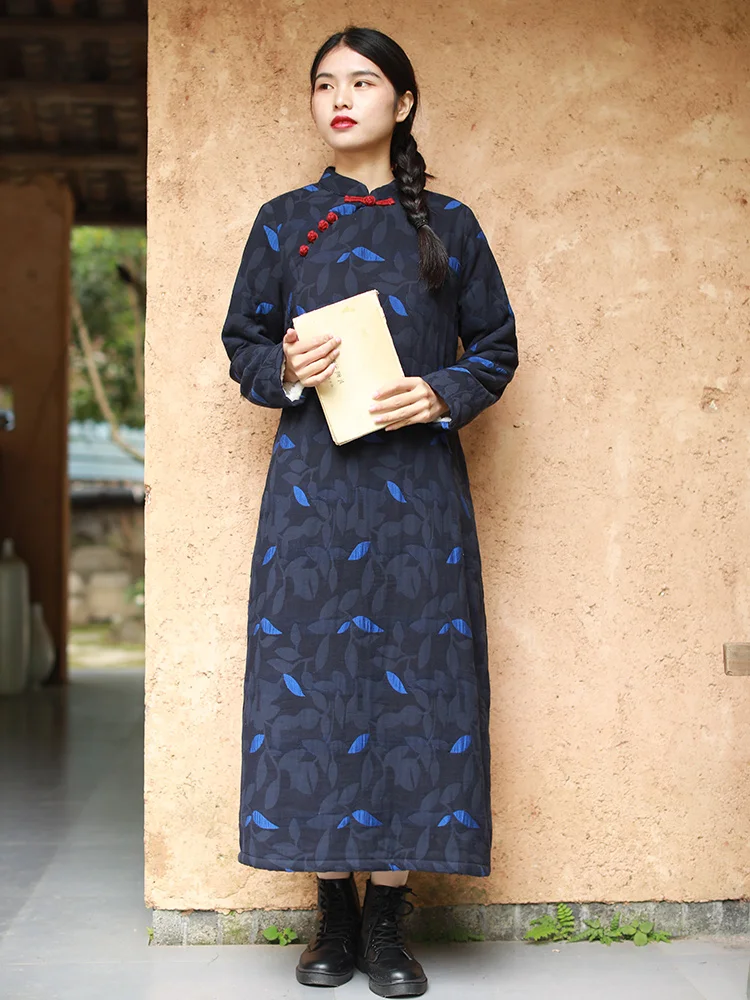 LZJN 2019 New Vintage Chinese Thickened Plush Dress Autumn Winter Female Warm Long Cheongsam Qipao Retro Robe Dress (15)