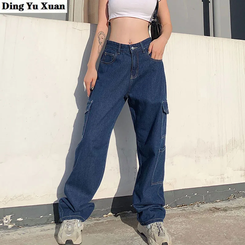 

Womens White Hip Hop Straight Pants Multi Pockets Streetwear Boyfriend Jeans Black Cargo Jean Palazzo Woman Loose Pentalon Denim