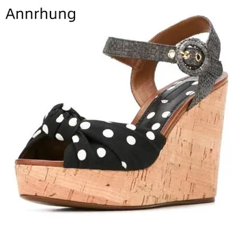 

Sweet Polka Dot High Wedges Sandals Women Chunky Platform Summer Shoes Knotted Peep Toe Crystal Buckle Sandalias Bowknot Shoes