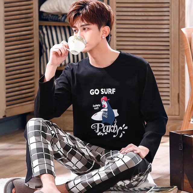 Men's Pajamas set autumn cotton long-sleeved Female cartoon thin Sleepwear spring plus size two-piece suit trousers and top Men's Pajamas set autumn cotton long-sleeved Female cartoon thin Sleepwear spring plus size two-piece suit trousers and top