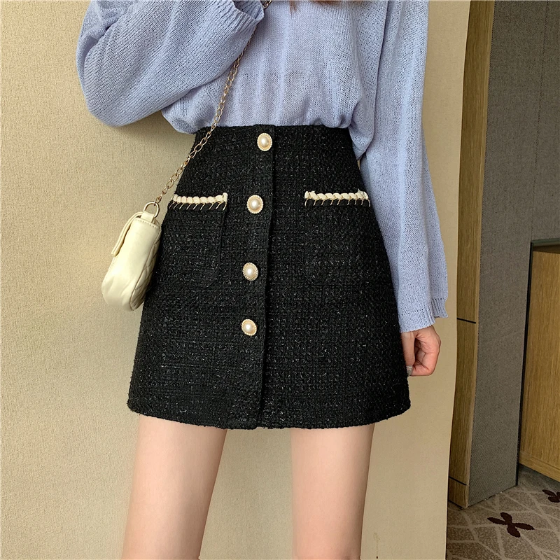 vintage elegante tweed mini saias femininas cintura alta lápis saia com zíper outono linha urdidura saias preto branco xadrez pérolas