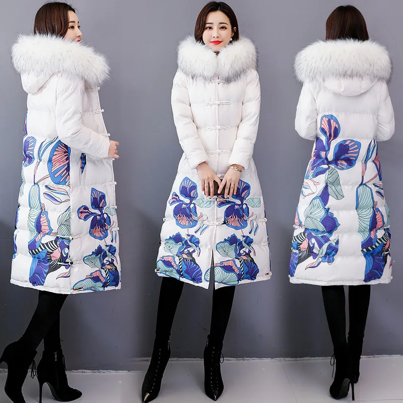 

National Wind Down Feather Cotton-padded Clothes Women's Printed Long over-the-Knee Chinese-style Retro 2019 New Style Chinese S